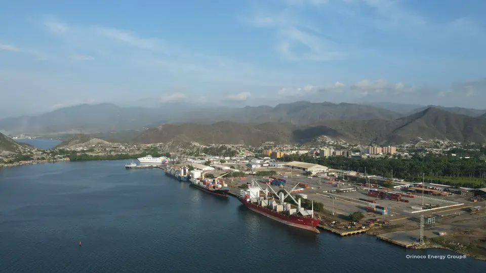 Wide aerial view of the bay, container yard and quay
