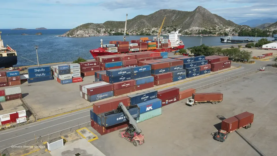Container yard and vessel with the surrounding port landscape